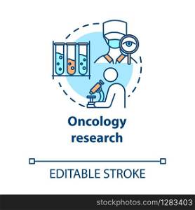 Oncology research concept icon. Laboratory chemical analysis. Medical study. Biotechnological experiments idea thin line illustration. Vector isolated outline RGB color drawing. Editable stroke