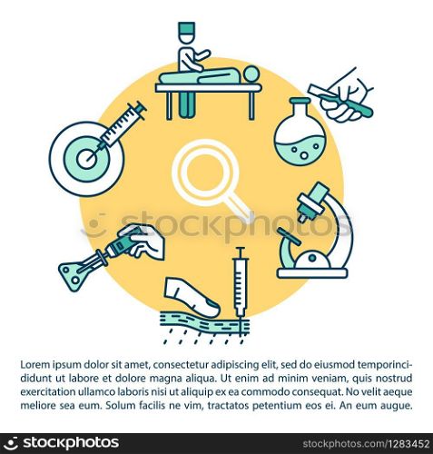 Oncology research concept icon with text. Laboratory examinations. Cancer diagnostic. Scientific tests. PPT page vector template. Brochure, magazine, booklet design element with linear illustrations