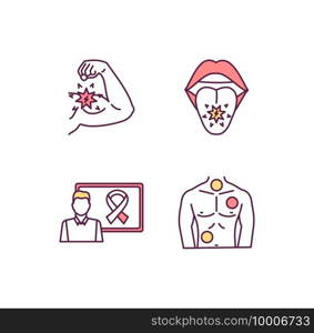 Oncology RGB color icons set. Biceps muscle metastasis. Cancer-related awareness ribbon. Tumor development. Oropharyngeal, oral cavity cancer. Benign, malignant tumors. Isolated vector illustrations. Oncology RGB color icons set.