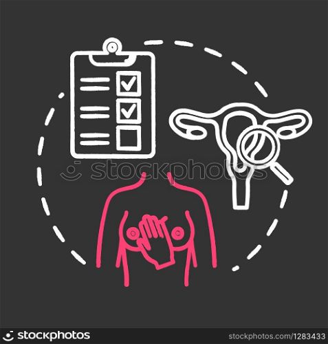 Oncology screening chalk RGB color chalk RGB color concept icon. Breast and cervical cancer prevention. Female diseases. Women health idea. Vector isolated chalkboard illustration on black background
