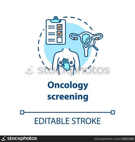 Oncology screening concept icon. Breast and cervical cancer prevention. Female diseases. Women health idea thin line illustration. Vector isolated outline RGB color drawing. Editable stroke