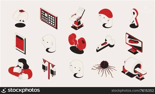 Oncology set of isometric icons with medical appliances cancer symbols drugs and people on blank background vector illustration