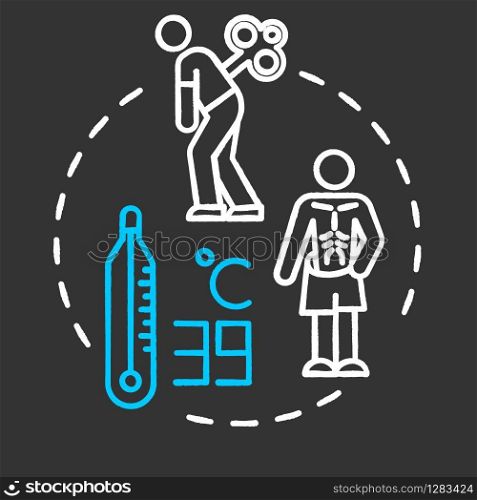 Oncology symptoms chalk RGB color chalk RGB color concept icon. Cancer syndrome. Fever, tiredness, weight loss. Human disease idea. Vector isolated chalkboard illustration on black background