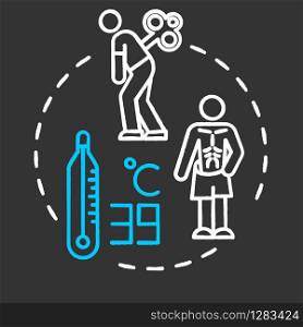 Oncology symptoms chalk RGB color chalk RGB color concept icon. Cancer syndrome. Fever, tiredness, weight loss. Human disease idea. Vector isolated chalkboard illustration on black background
