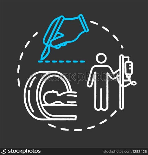 Oncology treatment chalk RGB color chalk RGB color concept icon. Chemotherapy, surgical, radiological treatment of cancer. Tumor cure idea. Vector isolated chalkboard illustration on black background