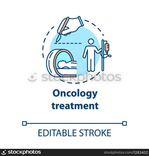 Oncology treatment concept icon. Chemotherapy, surgical and radiological treatment of cancer. Tumor cure idea thin line illustration. Vector isolated outline RGB color drawing. Editable stroke