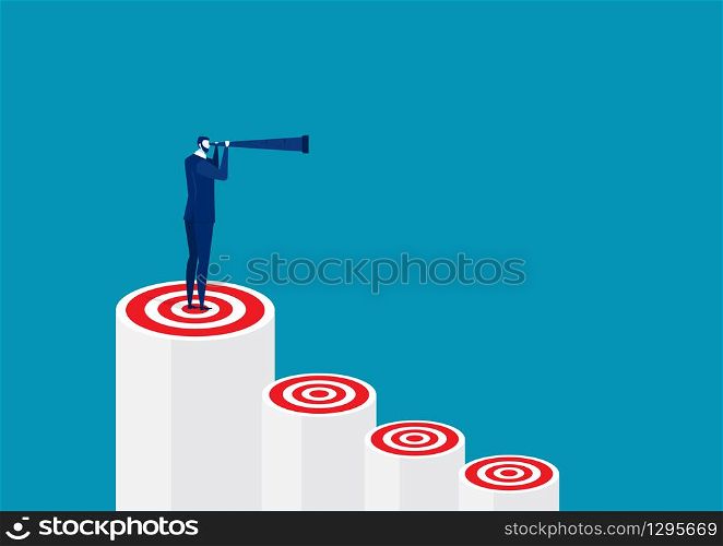 One Business Man standing holding binoculars on red bar target. leadership vector