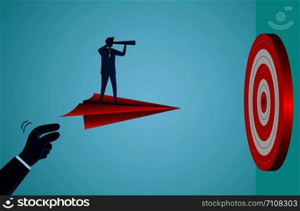 One Businessmen standing holding binoculars on a paper plane fling go to target Circle red. Business success goal. creative idea. leadership. cartoon vector illustration