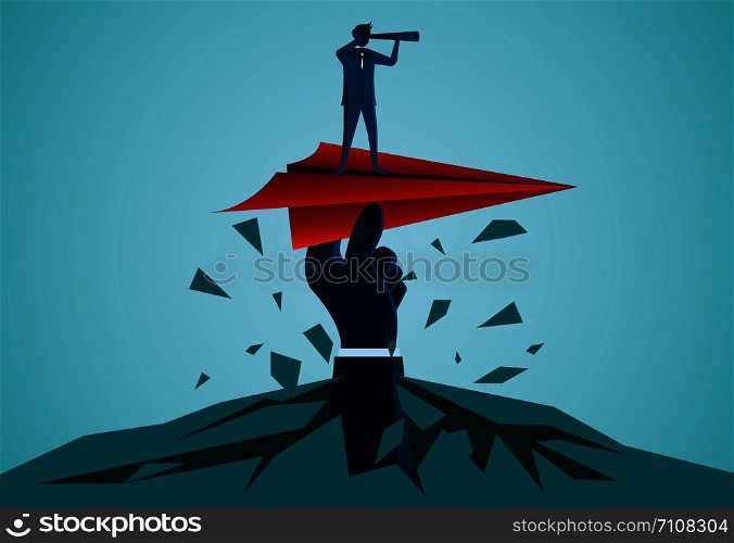 One Businessmen standing holding binoculars on a red paper plane with a human hand caught prepare to release to the goal. business success. startup. leadership. illustration cartoon vector