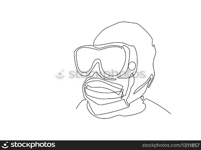 One continuous line art of professional medical doctor wearing face mask or medical to protect from coronavirus, Illustration COVID-19 symbol