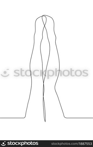One continuous line art silhouette of slim female legs . Black outline female legs raised up isolated on a white background
