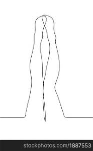 One continuous line art silhouette of slim female legs . Black outline female legs raised up isolated on a white background