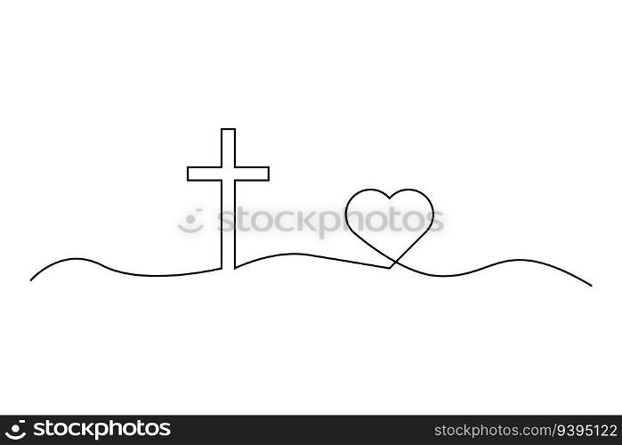 One Continuous line drawing cross of christ and heart. Vector illustration. EPS 10. stock image.. One Continuous line drawing cross of christ and heart. Vector illustration. EPS 10.
