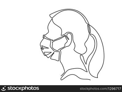 One continuous line drawing medical face mask. Concept of corona virus.