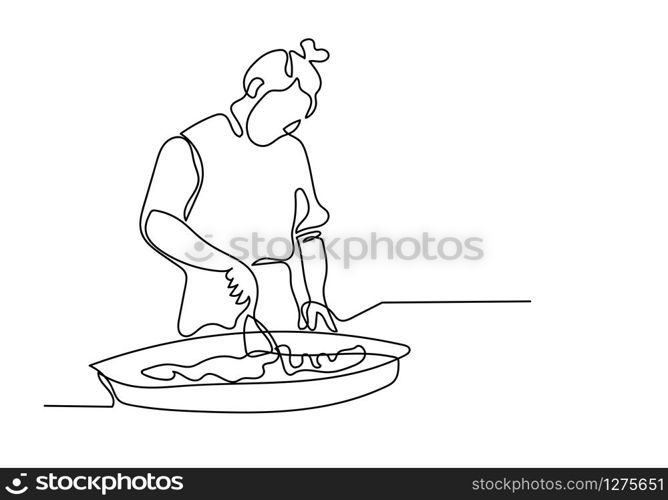 One continuous line drawing of chef prepares food in the kitchen.