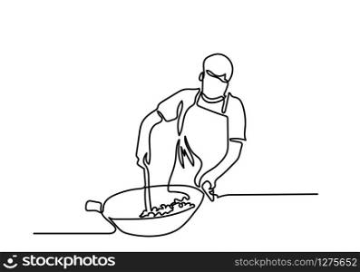 One continuous line drawing of chef prepares food in the kitchen.