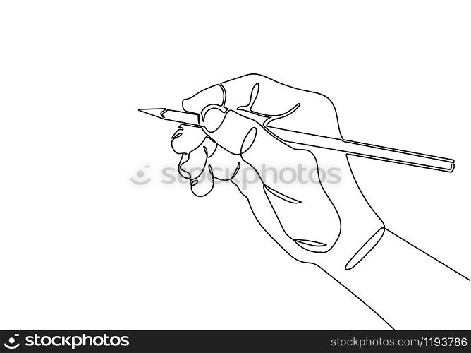 One continuous line drawing of hand drawing line with pencil