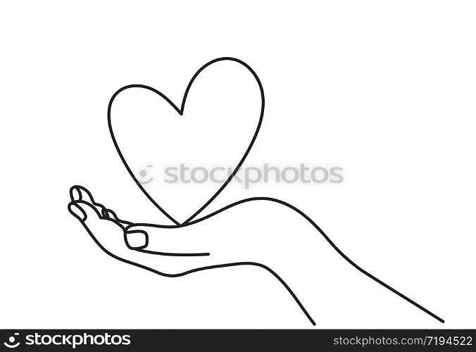 One continuous line drawing of hand holding heart