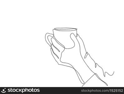 One continuous line drawing of hands holding a cup of hot coffee. art single one line in the cafe black and white picture.