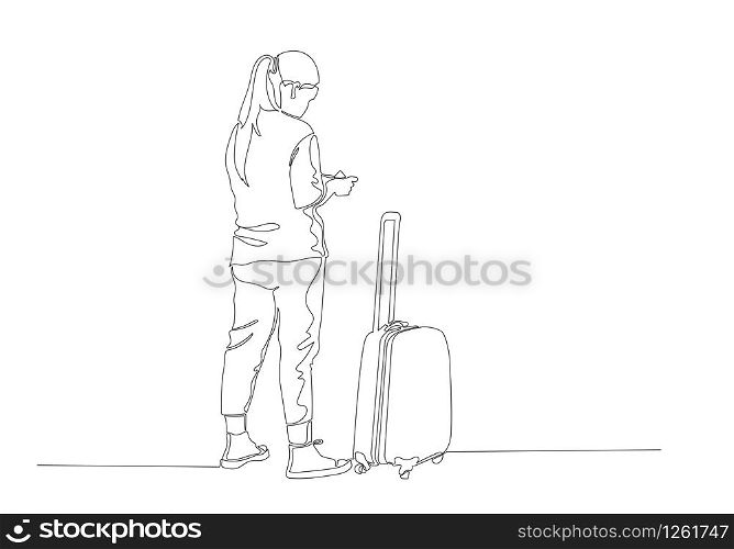 One continuous line drawing of standing traveler with baggage, immigrant with luggage.