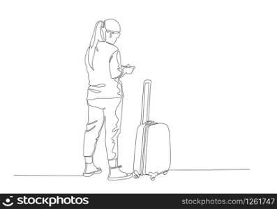 One continuous line drawing of standing traveler with baggage, immigrant with luggage.