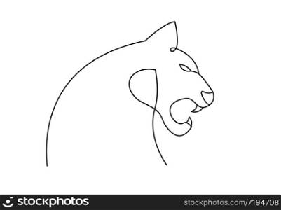 One continuous line drawing of tiger head for company logo identity. Strong feline mammal animal mascot concept for national safari zoo. Single line draw design illustration