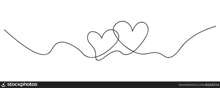 One Continuous line drawing of two hearts. Romantic symbols in simple linear style. Minimalist Doodle.isolated on white background. Vector illustration