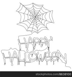 One continuous line of a spider web and Happy Halloween text. Thin Line Illustration vector concept. Contour Drawing Creative ideas.