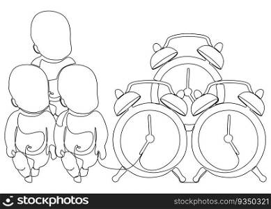 One continuous line of Alarm Clock and baby child. Thin Line Illustration vector concept. Contour Drawing Creative ideas.