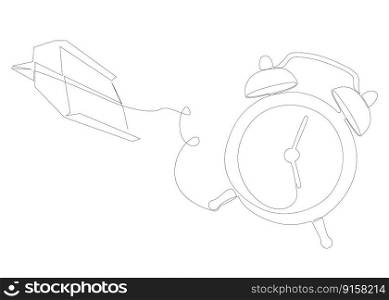One continuous line of Alarm Clock and Paper Airplane. Thin Line Illustration vector concept. Contour Drawing Creative ideas.