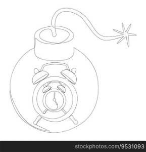 One continuous line of alarm clock with Bomb. Thin Line Illustration vector concept. Contour Drawing Creative ideas.