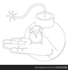 One continuous line of alarm clock with Bomb. Thin Line Illustration vector concept. Contour Drawing Creative ideas.