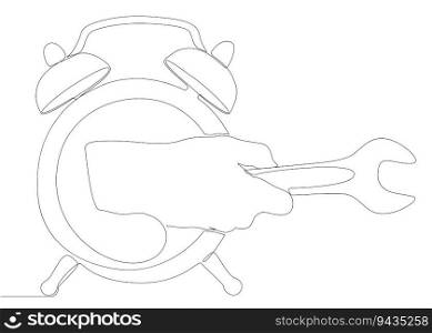 One continuous line of alarm clock with Wrench. Thin Line Illustration vector concept. Contour Drawing Creative ideas.