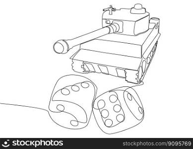 One continuous line of Armored Tank with dice. Thin Line Illustration vector concept. Contour Drawing Creative ideas.