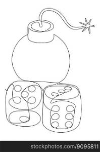 One continuous line of Bomb and dice. Thin Line Illustration vector concept. Contour Drawing Creative ideas.