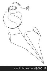One continuous line of bomb and paper airplane. Thin Line Illustration vector concept. Contour Drawing Creative ideas.