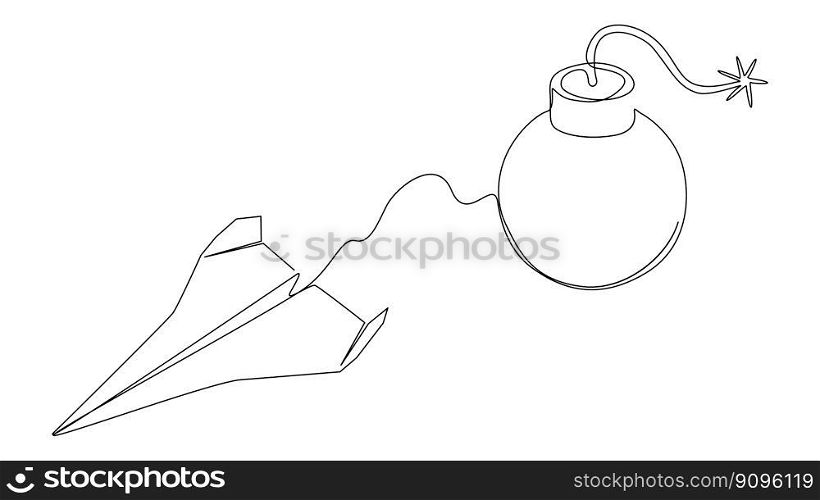 One continuous line of bomb and paper airplane. Thin Line Illustration vector concept. Contour Drawing Creative ideas.