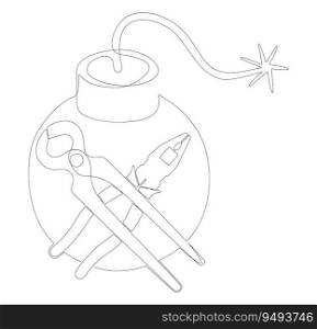 One continuous line of Bomb with Pliers. Thin Line Illustration vector concept. Contour Drawing Creative ideas.