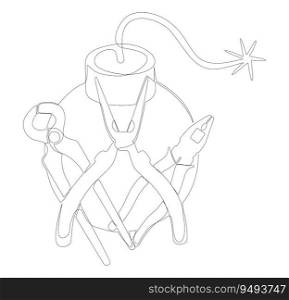 One continuous line of Bomb with Pliers. Thin Line Illustration vector concept. Contour Drawing Creative ideas.