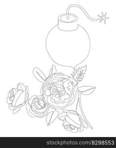 One continuous line of Bomb with rose flowers. Thin Line Illustration vector concept. Contour Drawing Creative ideas.