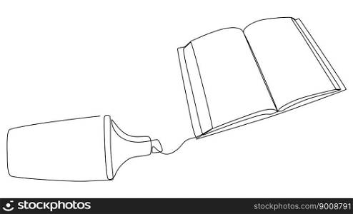 One continuous line of Book with a pencil, felt tip pen. Thin Line Illustration vector concept. Contour Drawing Creative ideas.