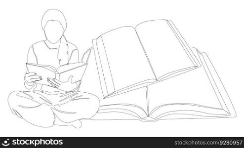 One continuous line of Book with girl reading. Thin Line Illustration vector education concept. Contour Drawing Creative ideas.