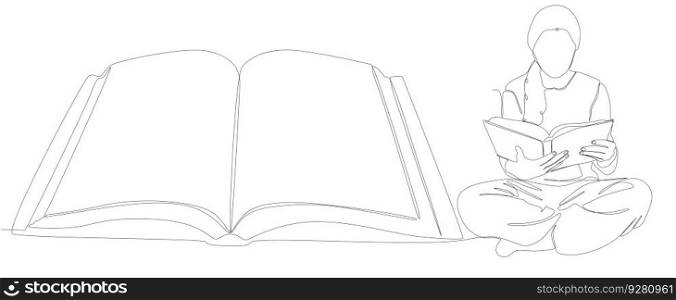 One continuous line of Book with girl reading. Thin Line Illustration vector education concept. Contour Drawing Creative ideas.