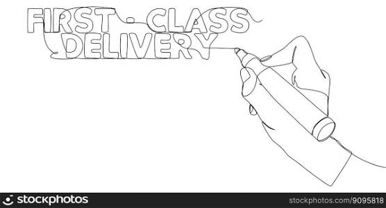 One continuous line of First-Class Delivery text written with a pencil, felt tip pen. Thin Line Illustration vector concept. Contour Drawing Creative ideas.