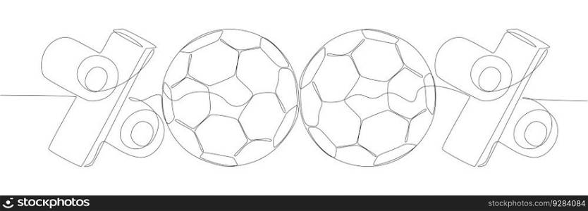 One continuous line of Football Ball with Percentage Sign. Thin Line Illustration vector concept. Contour Drawing Creative ideas.