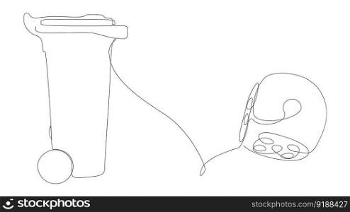 One continuous line of Garbage Bin with Dice. Thin Line Illustration vector concept. Contour Drawing Creative ideas.