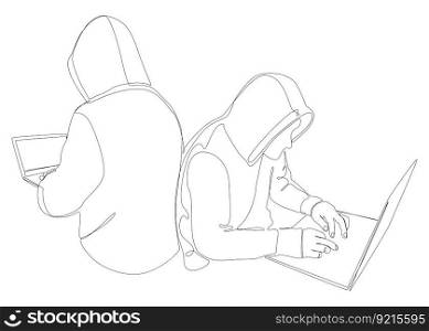 One continuous line of group of male people with laptop, workin as a developer or a Hacker. Thin Line Illustration vector concept. Contour Drawing Creative ideas.