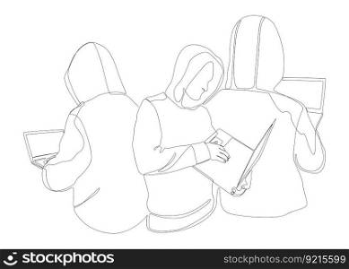 One continuous line of group of male people with laptop, workin as a developer or a Hacker. Thin Line Illustration vector concept. Contour Drawing Creative ideas.