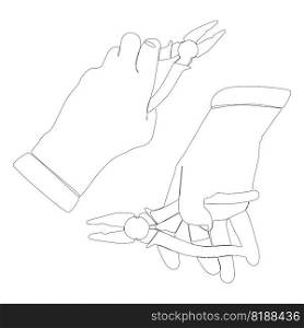 One continuous line of hand holding pliers. Thin Line Illustration vector concept. Contour Drawing Creative ideas.