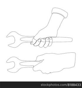 One continuous line of hand holding Wrench. Thin Line Illustration vector concept. Contour Drawing Creative ideas.